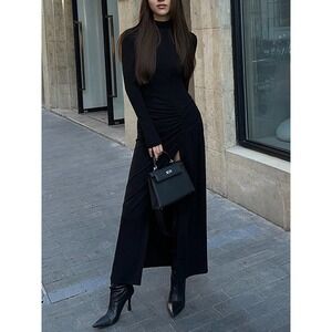 Commense‎ Chic Black Mock Neck Long Sleeve Ruched High Slit Maxi Dress size M